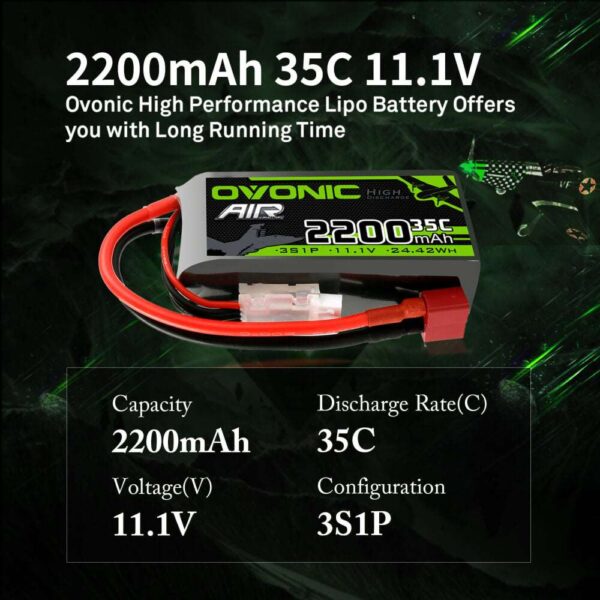 Ovonic 3S 11.1V 2200mAh 35C Short LiPo Battery Pack for Air Heli Drone - Deans Plug - Image 2