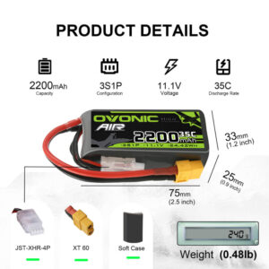 Ovonic 3S 11.1V 2200mAh 35C Short LiPo Battery Pack for Air Heli Drone - XT60 Plug