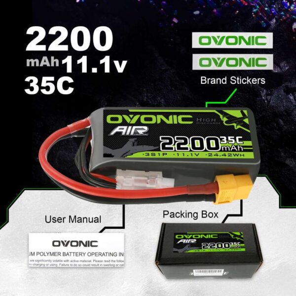 Ovonic 3S 11.1V 2200mAh 35C Short LiPo Battery Pack for Air Heli Drone - XT60 Plug - Image 2